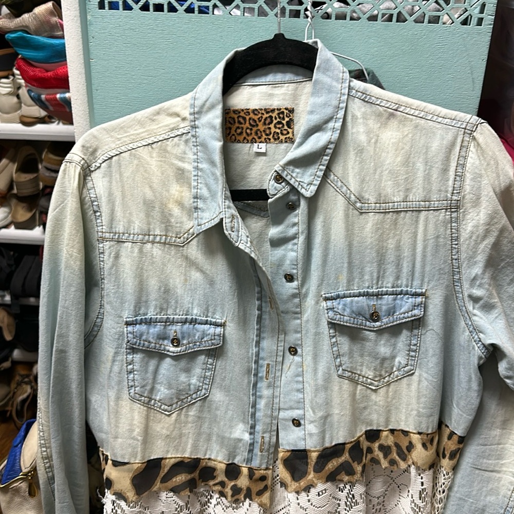 Oversized blue Jean  shirt with lace. Long button up